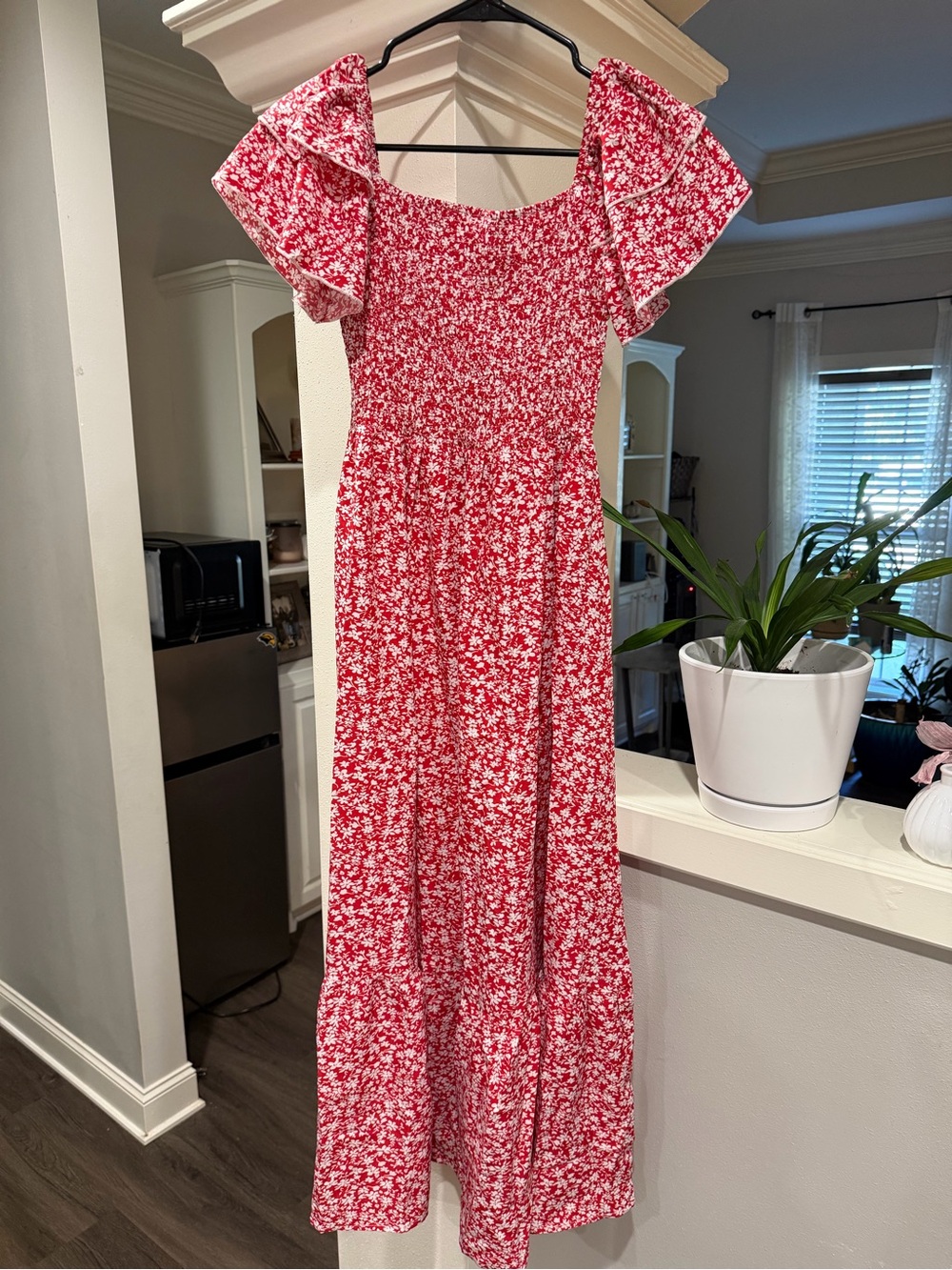 Red Floral Smocked Midi Dress - Women Sz S NWOT